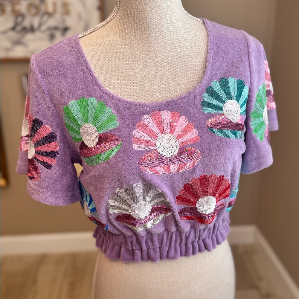 New! QUEEN OF SPARKLES Lavender Sequin Clam Terry Cloth Top